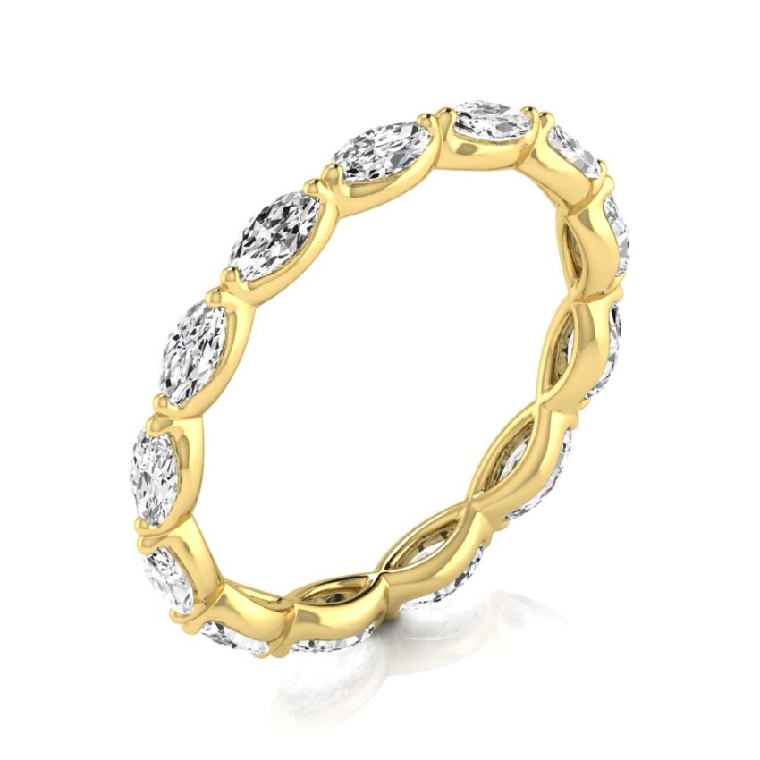 Side view of east west 2mm marquise diamond eternity band yellow gold