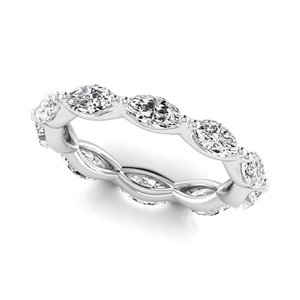 Angle view of east west 3mm marquise diamond eternity band palladium