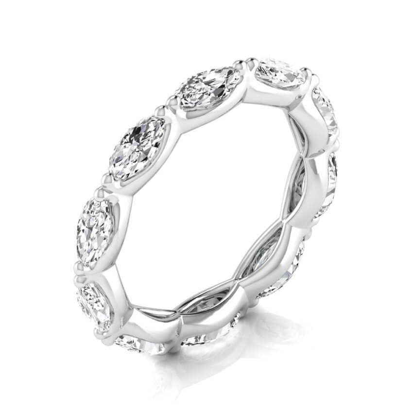Side view of east west 3mm marquise diamond eternity band platinum