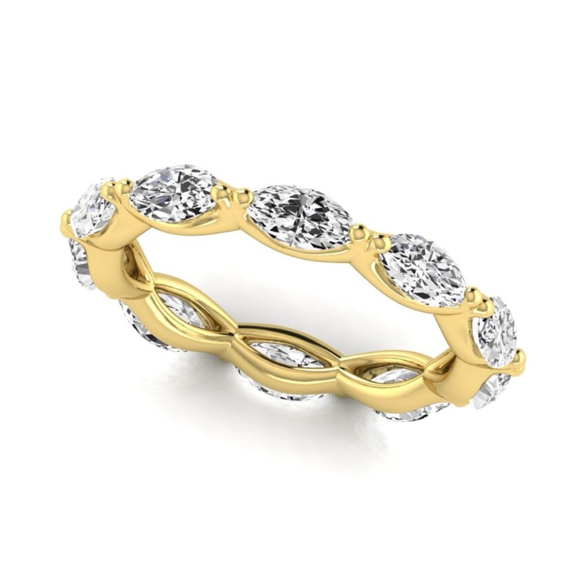 Angle view of east west 3mm marquise diamond eternity band yellow gold