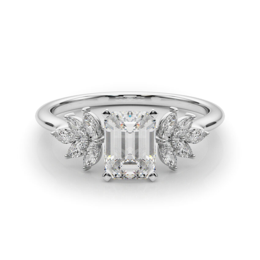 Side view of emerald cut diamond nature inspired marquise stone engagement ring in platinum