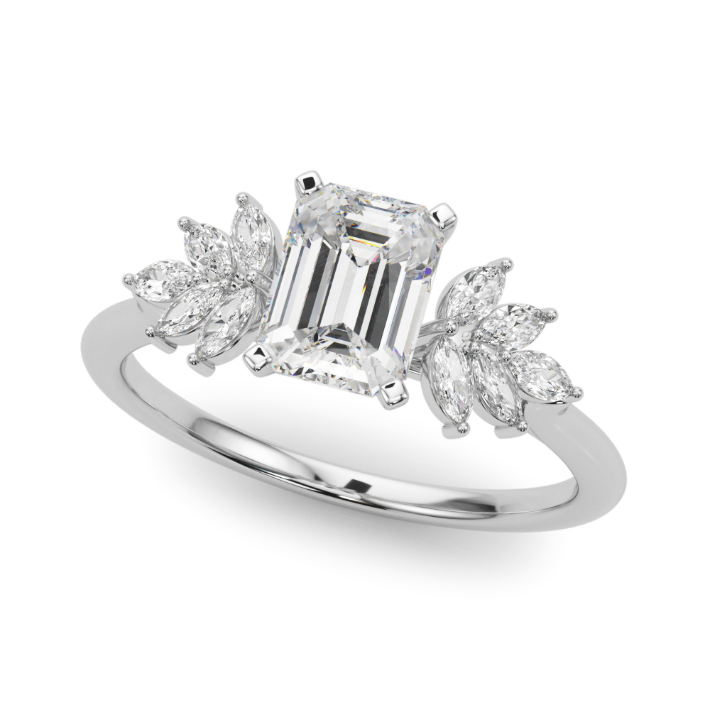 Angle view of Side view of emerald cut diamond nature inspired marquise stone engagement ring in platinum