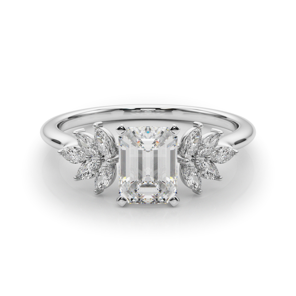 Side view of emerald cut diamond nature inspired marquise stone engagement ring in platinum