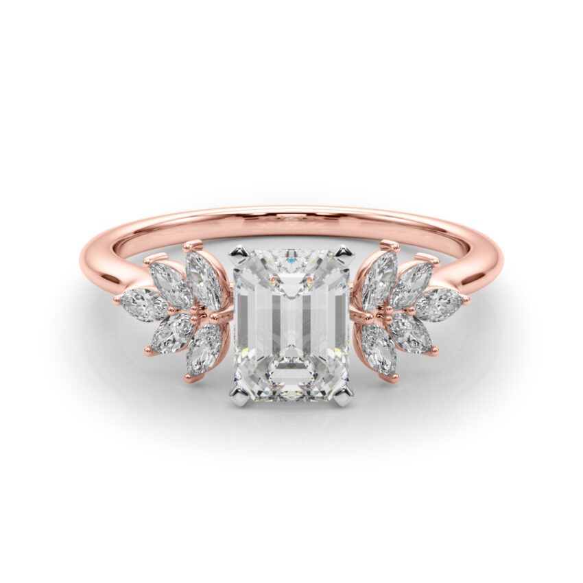 Side view of emerald cut diamond nature inspired marquise stone engagement ring in rose gold