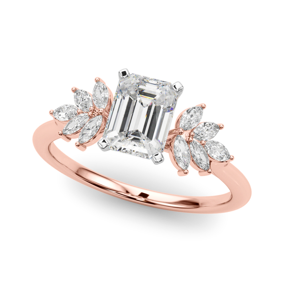 Angle view of Side view of emerald cut diamond nature inspired marquise stone engagement ring in rose gold