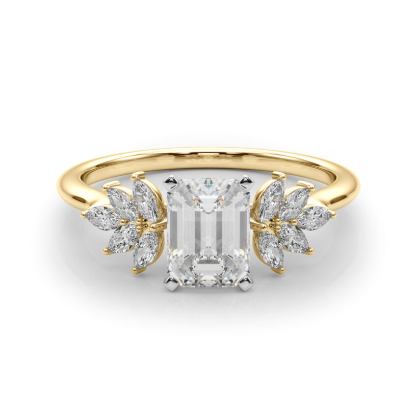 Side view of emerald cut diamond nature inspired marquise stone engagement ring in yellow gold