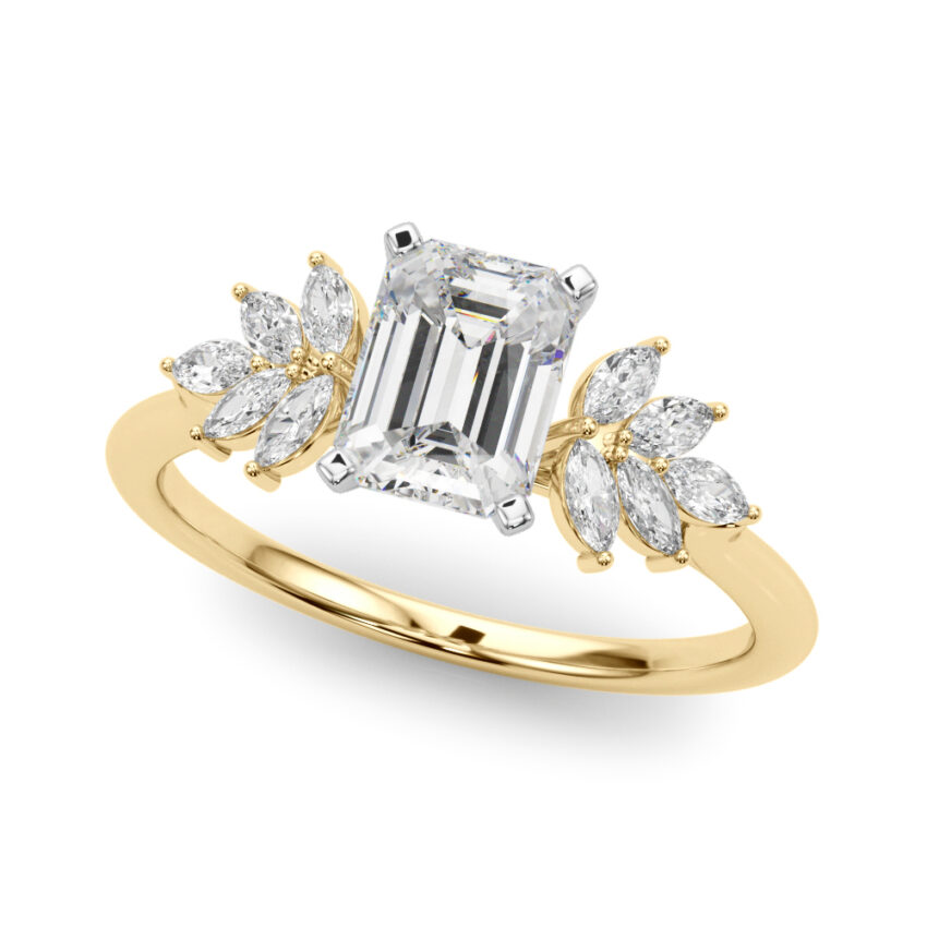 Angle view of Side view of emerald cut diamond nature inspired marquise stone engagement ring in yellow gold