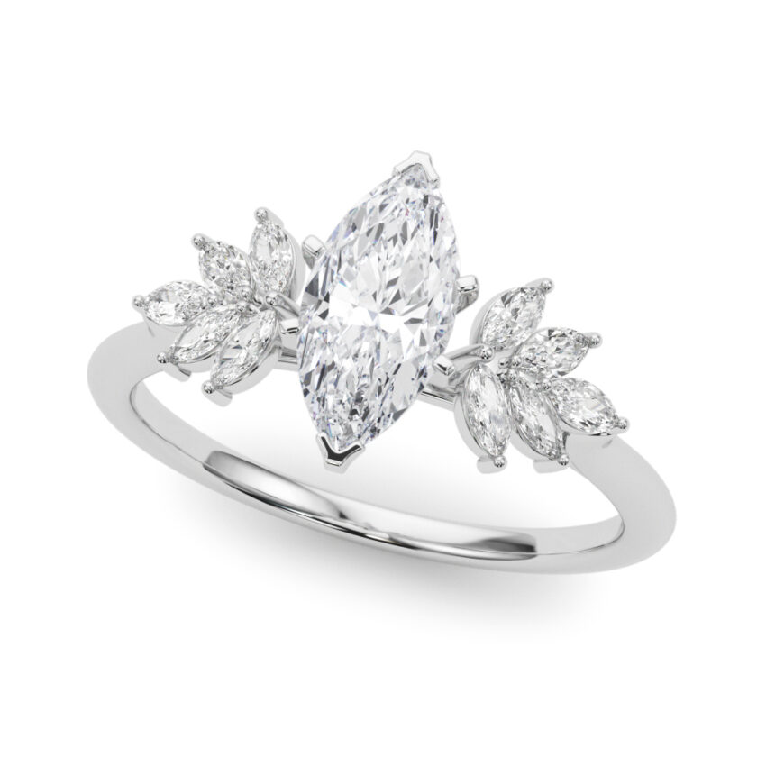 Angle view of Side view of marquise cut diamond nature inspired marquise stone engagement ring in palladium