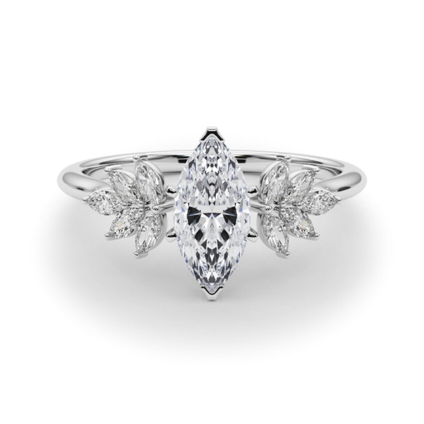 Side view of marquise cut diamond nature inspired marquise stone engagement ring in platinum
