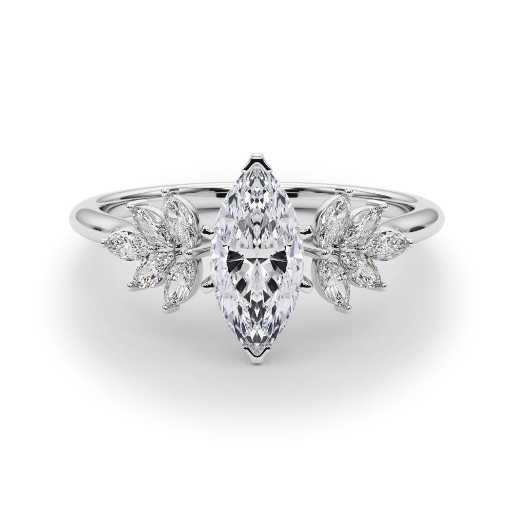 Side view of marquise cut diamond nature inspired marquise stone engagement ring in platinum