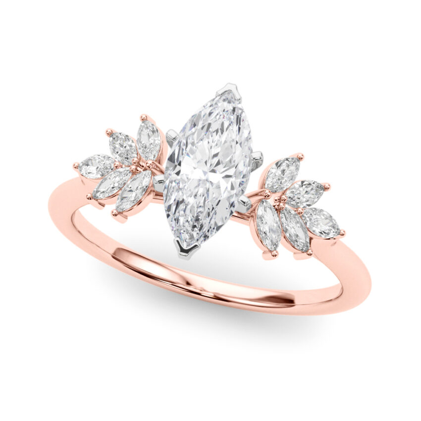 Angle view of Side view of marquise cut diamond nature inspired marquise stone engagement ring in rose gold
