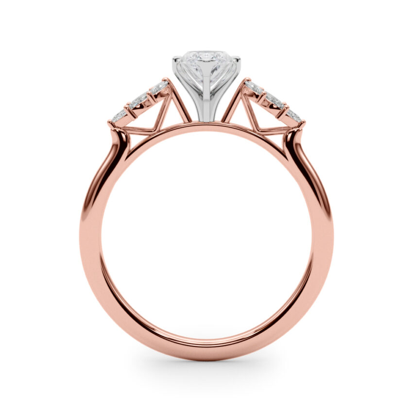 Side view of marquise cut diamond nature inspired marquise stone engagement ring in rose gold