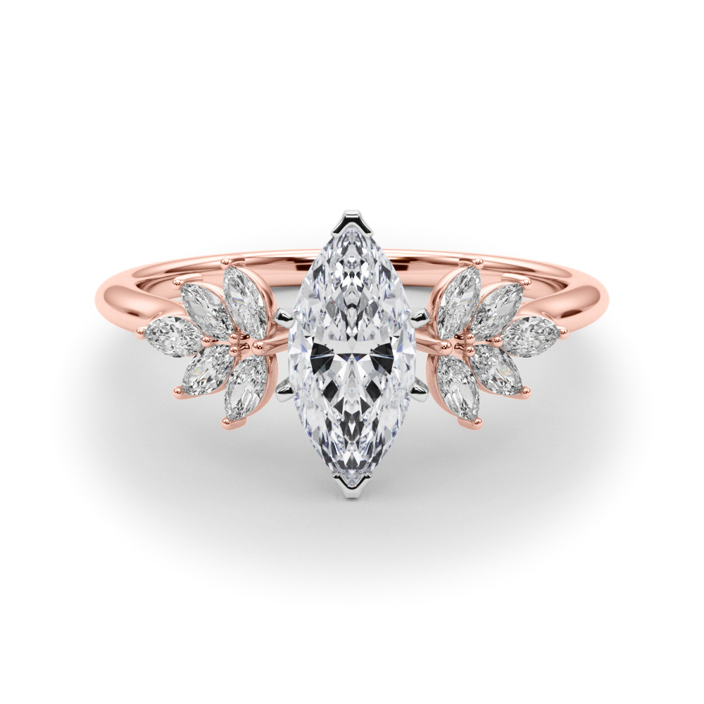 Side view of marquise cut diamond nature inspired marquise stone engagement ring in rose gold