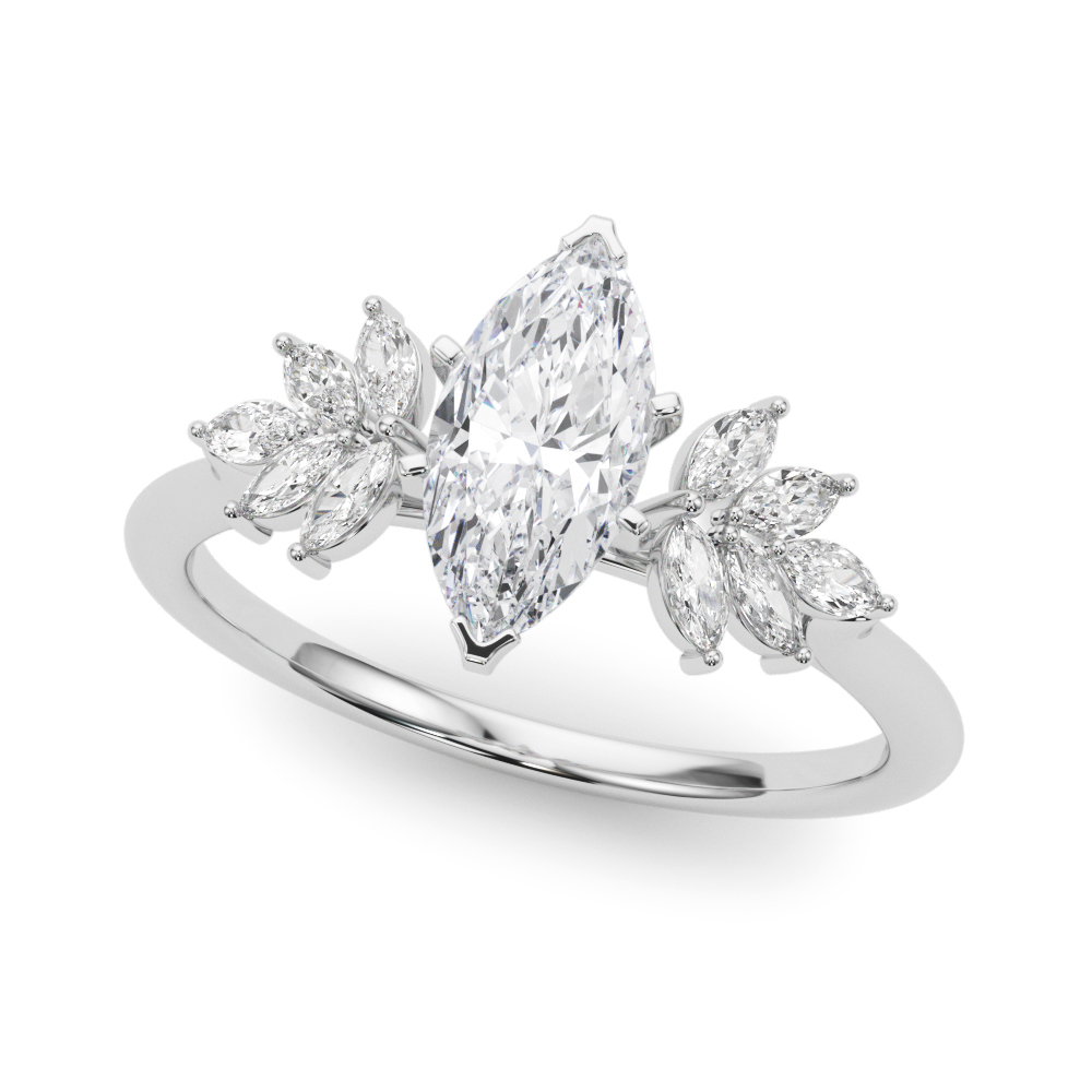 Angle view of Side view of marquise cut diamond nature inspired marquise stone engagement ring in white gold