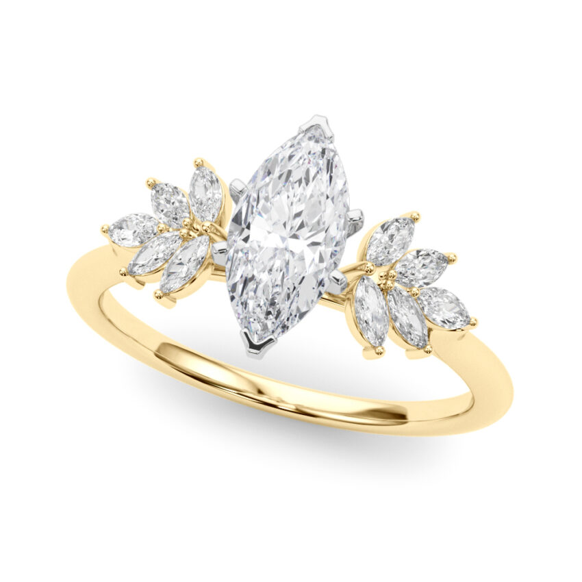 Angle view of Side view of marquise cut diamond nature inspired marquise stone engagement ring in yellow gold