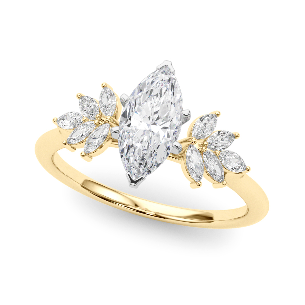 Angle view of Side view of marquise cut diamond nature inspired marquise stone engagement ring in yellow gold