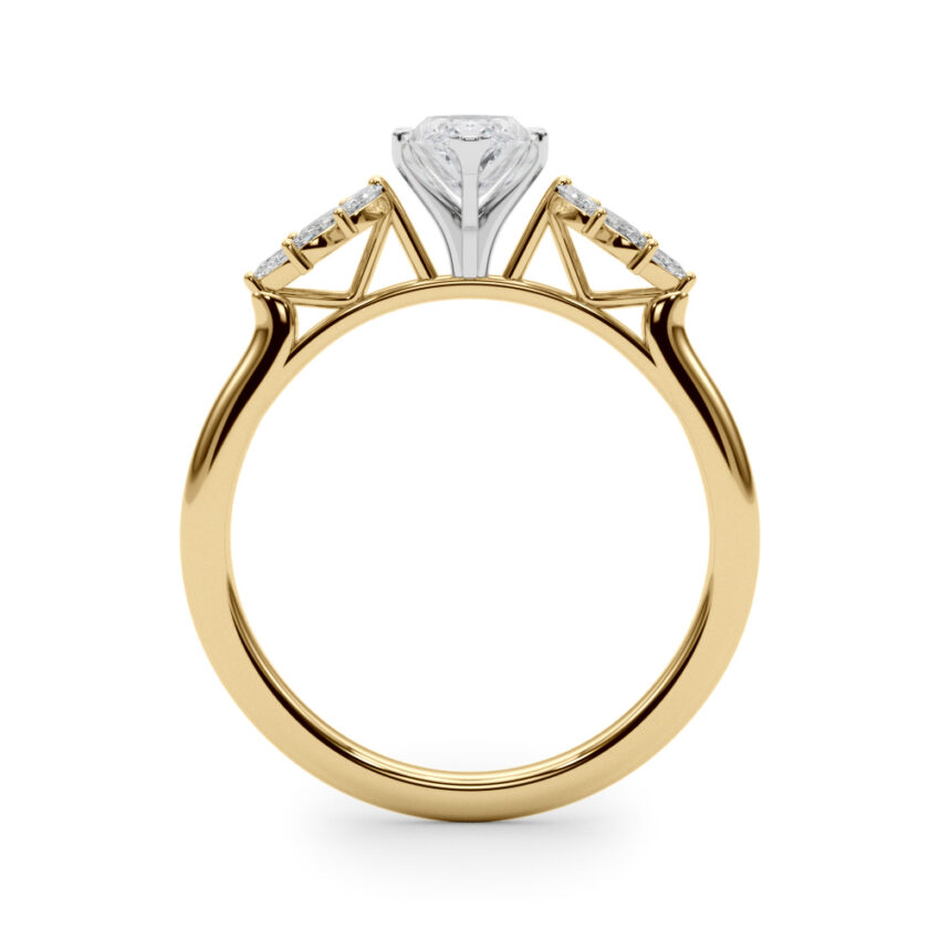 Side view of marquise cut diamond nature inspired marquise stone engagement ring in yellow gold