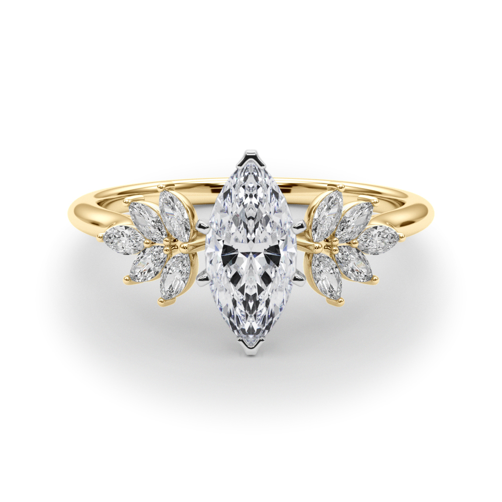 Side view of marquise cut diamond nature inspired marquise stone engagement ring in yellow gold