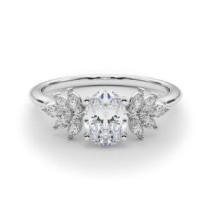 Side view of oval cut diamond nature inspired marquise stone engagement ring in platinum