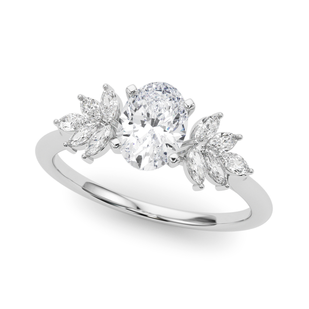 Angle view of Side view of oval cut diamond nature inspired marquise stone engagement ring in platinum