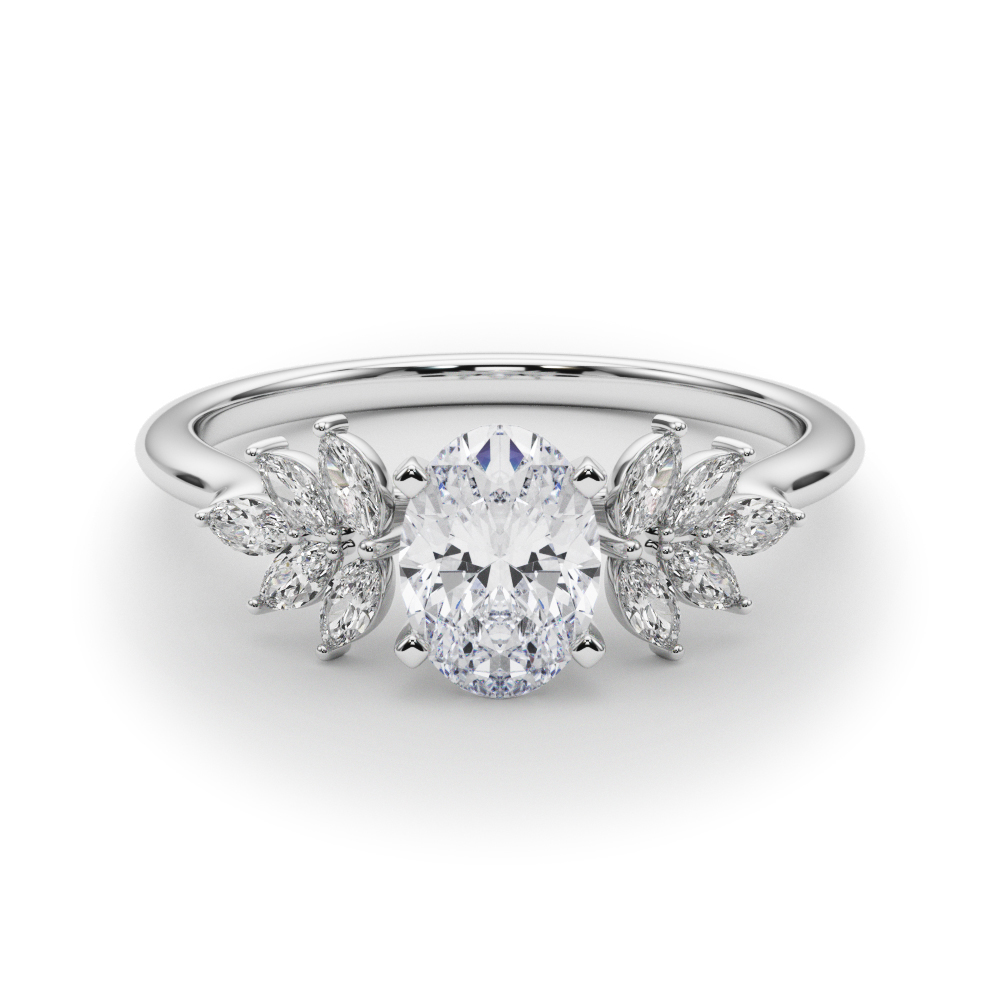 Side view of oval cut diamond nature inspired marquise stone engagement ring in platinum