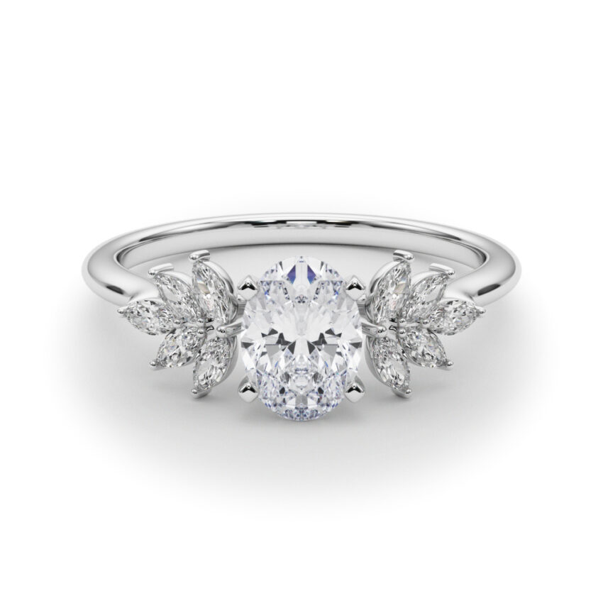 Side view of oval cut diamond nature inspired marquise stone engagement ring in white gold