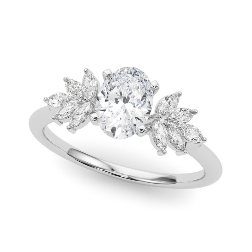 Angle view of Side view of oval cut diamond nature inspired marquise stone engagement ring in white gold