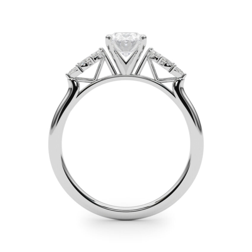Side view of oval cut diamond nature inspired marquise stone engagement ring in white gold
