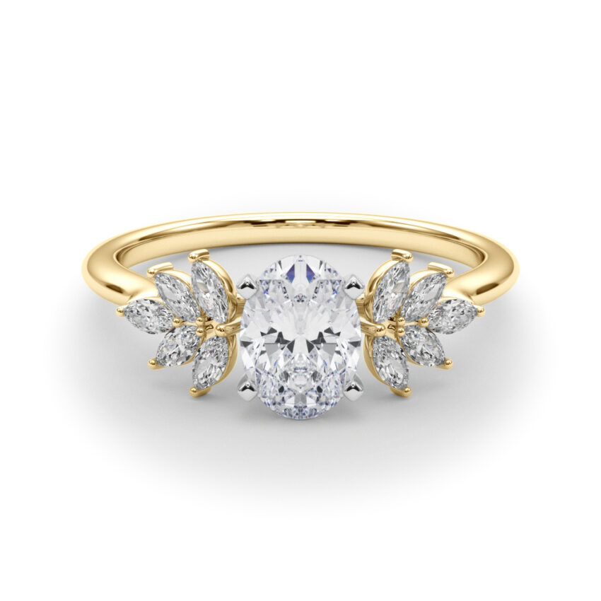 Side view of oval cut diamond nature inspired marquise stone engagement ring in yellow gold
