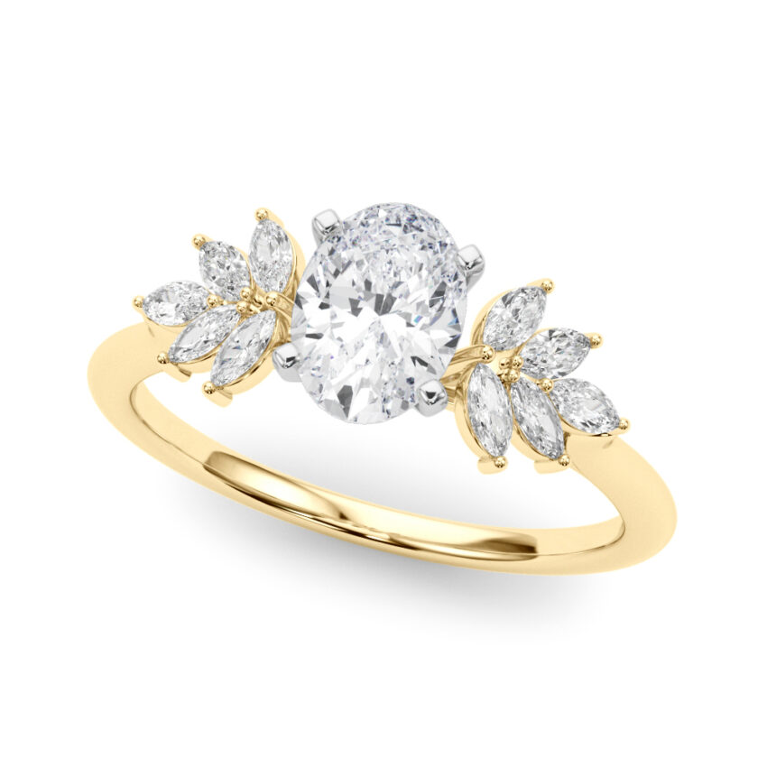 Angle view of Side view of oval cut diamond nature inspired marquise stone engagement ring in yellow gold