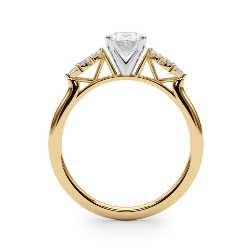 Side view of oval cut diamond nature inspired marquise stone engagement ring in yellow gold
