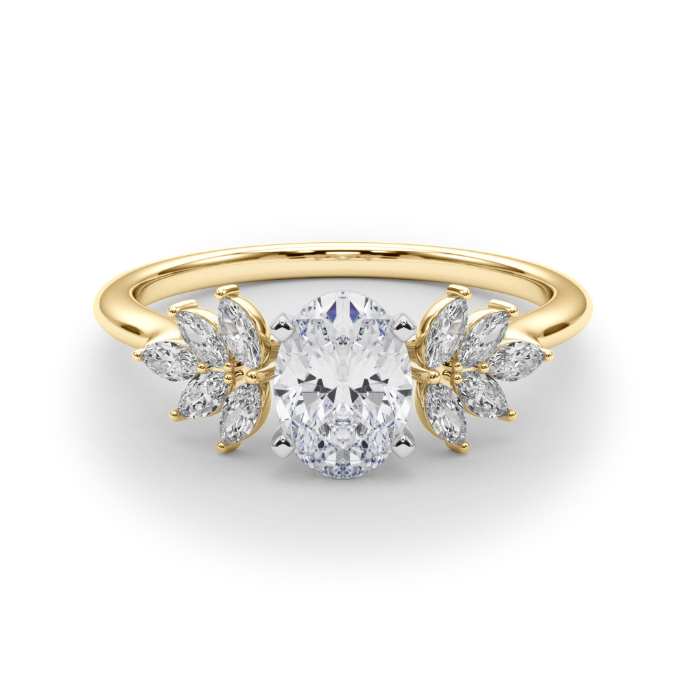 Side view of oval cut diamond nature inspired marquise stone engagement ring in yellow gold