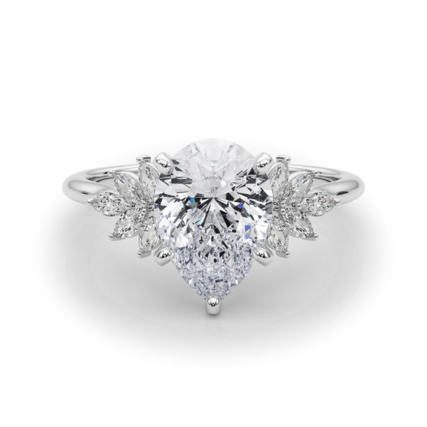 Side view of pear shape diamond nature inspired marquise stone engagement ring in platinum
