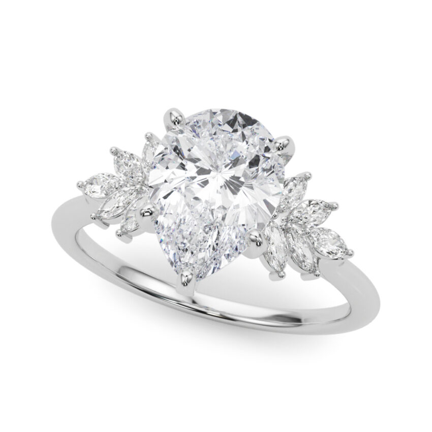 Angle view of Side view of pear shape diamond nature inspired marquise stone engagement ring in platinum