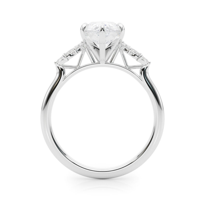 Side view of pear shape diamond nature inspired marquise stone engagement ring in platinum