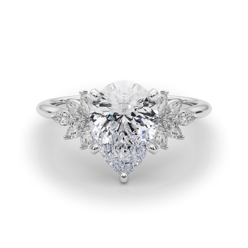 Side view of pear shape diamond nature inspired marquise stone engagement ring in platinum