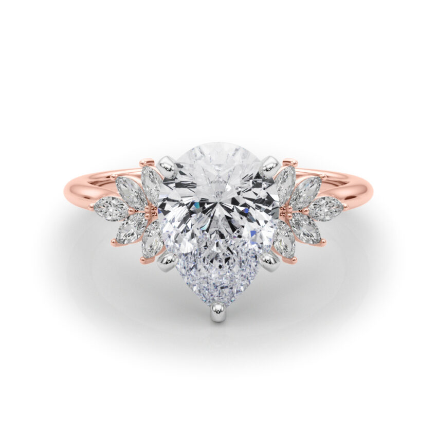 Side view of pear shape diamond nature inspired marquise stone engagement ring in rose gold