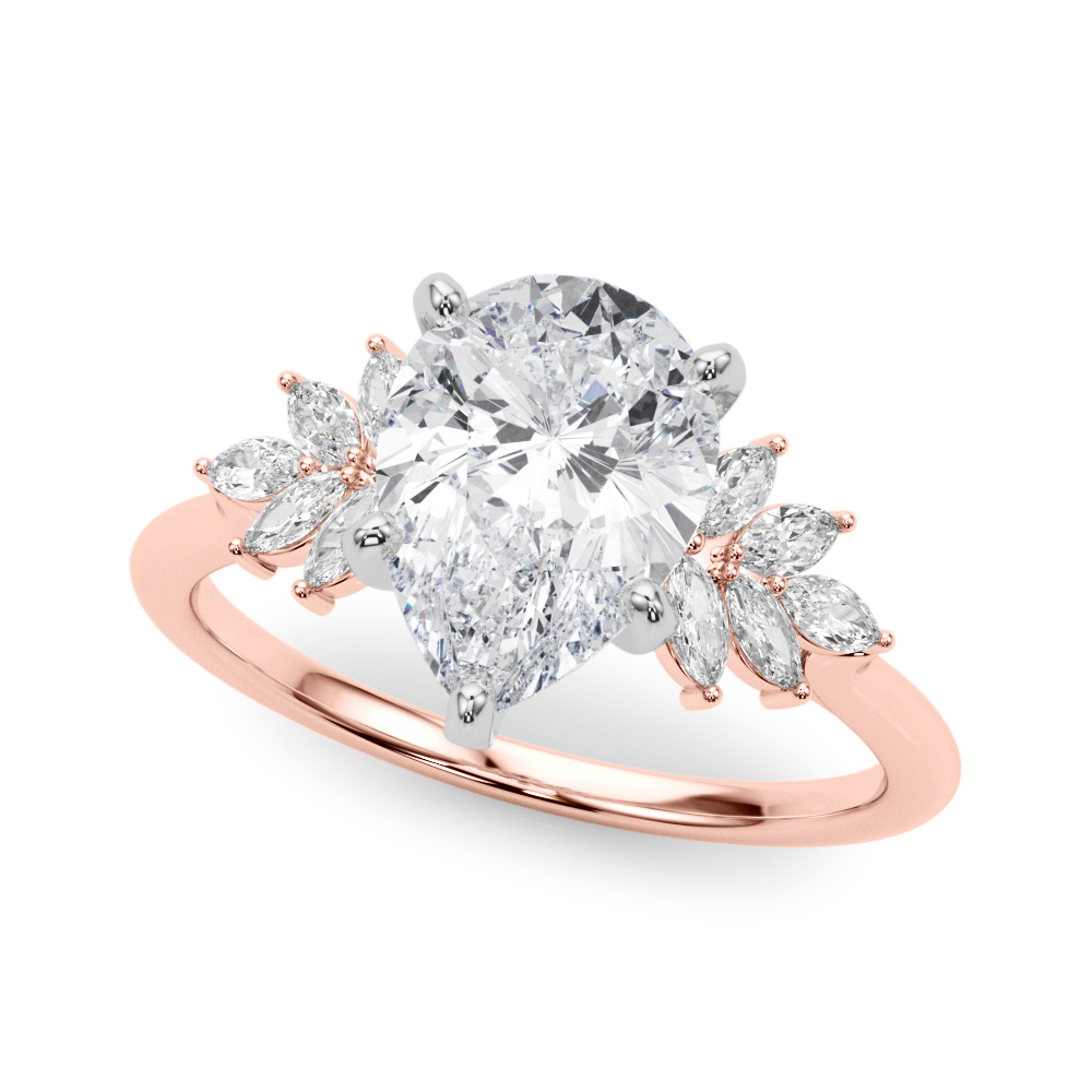 Angle view of Side view of pear shape diamond nature inspired marquise stone engagement ring in rose gold
