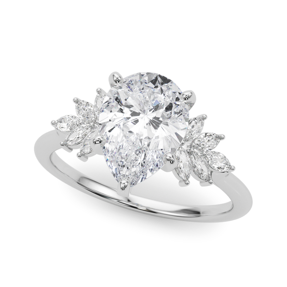 Angle view of Side view of pear shape diamond nature inspired marquise stone engagement ring in white gold
