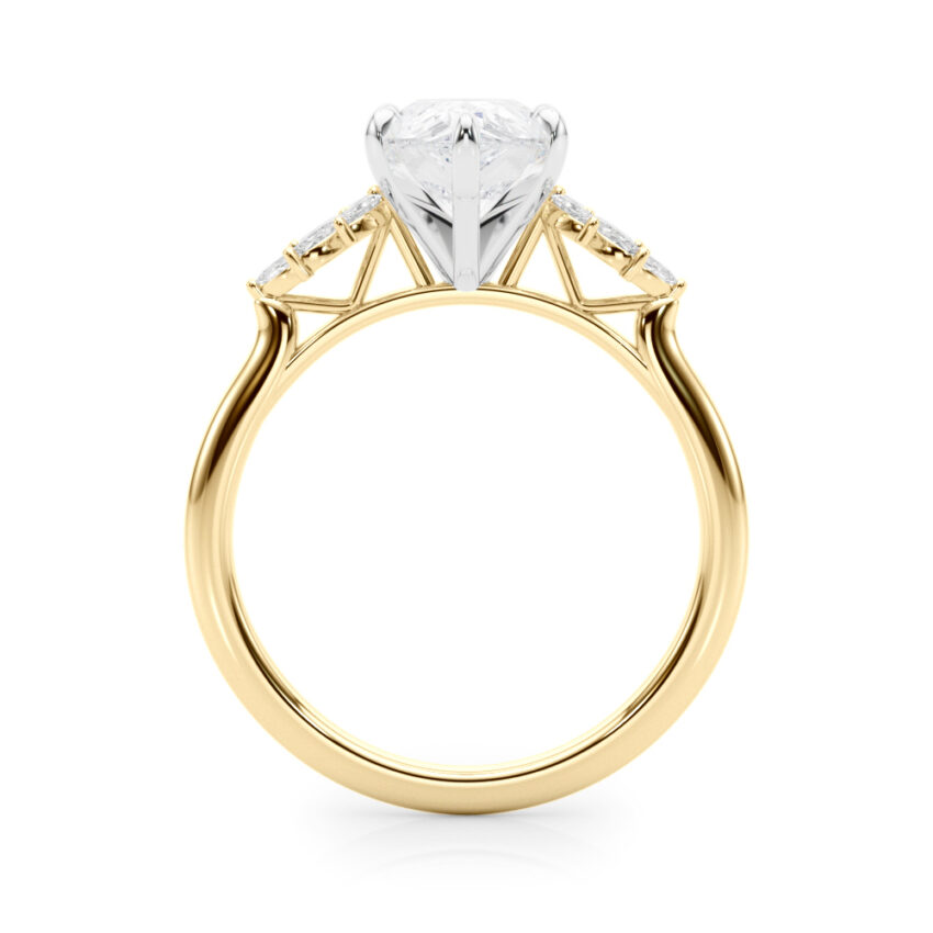 Side view of pear shape diamond nature inspired marquise stone engagement ring in yellow gold