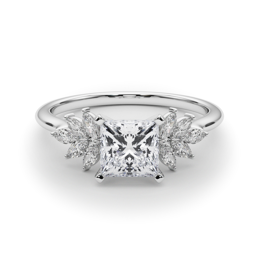 Side view of princess cut diamond nature inspired marquise stone engagement ring in palladium