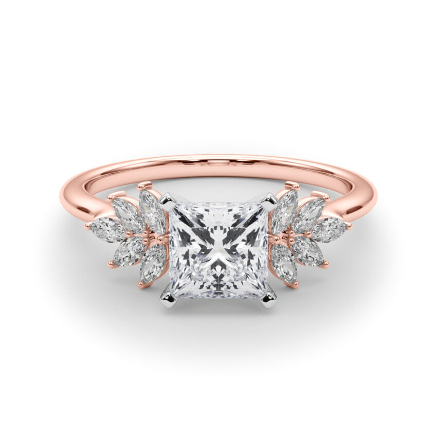 Side view of princess cut diamond nature inspired marquise stone engagement ring in rose gold
