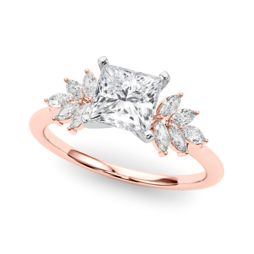 Angle view of Side view of princess cut diamond nature inspired marquise stone engagement ring in rose gold