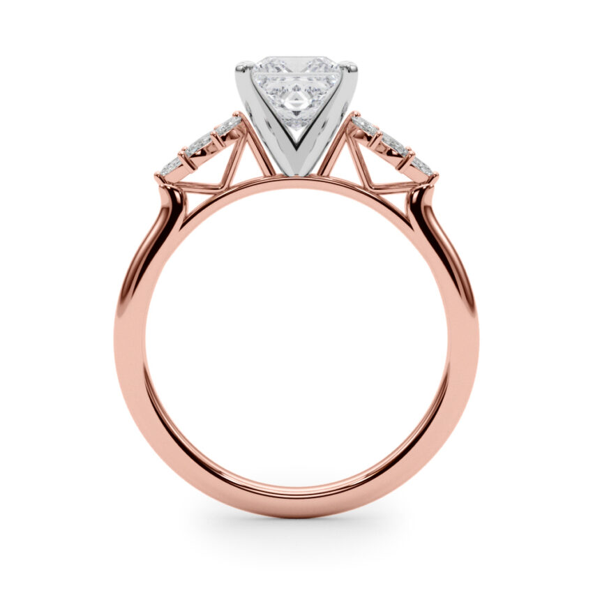 Side view of princess cut diamond nature inspired marquise stone engagement ring in rose gold