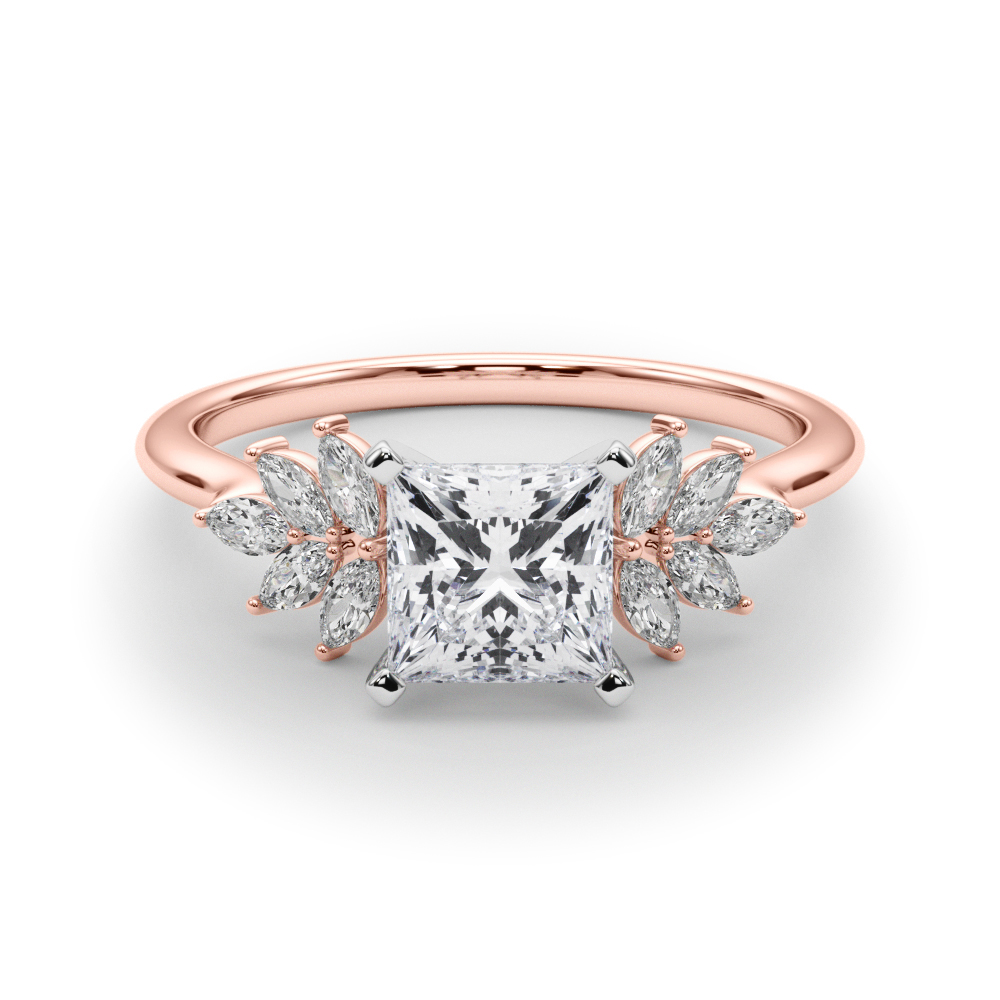 Side view of princess cut diamond nature inspired marquise stone engagement ring in rose gold