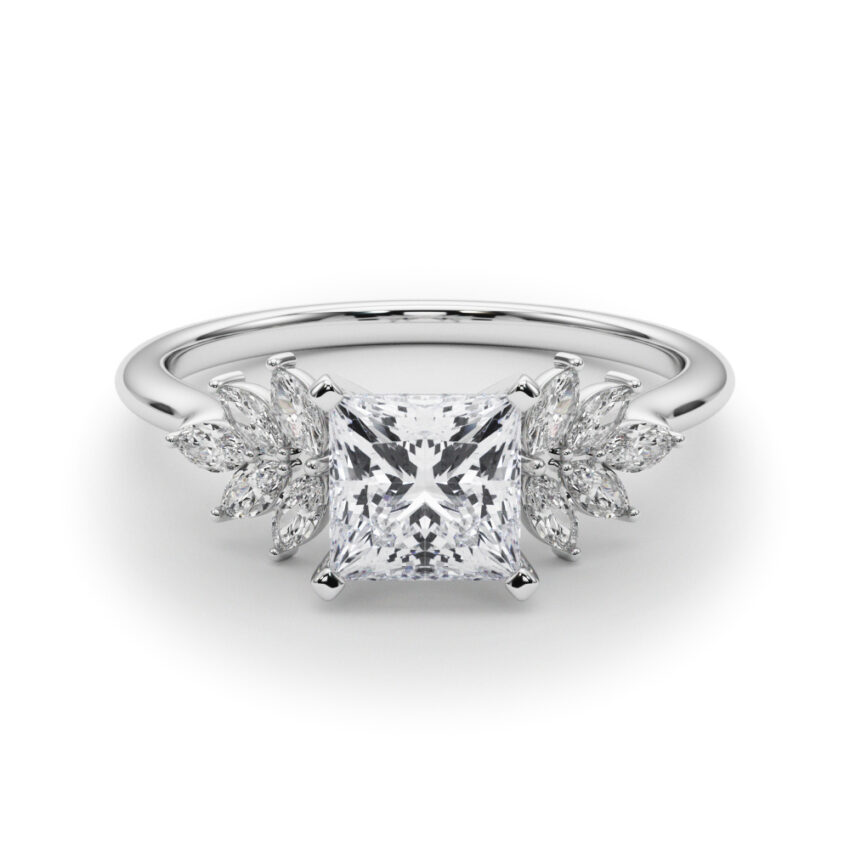 Side view of princess cut diamond nature inspired marquise stone engagement ring in white gold