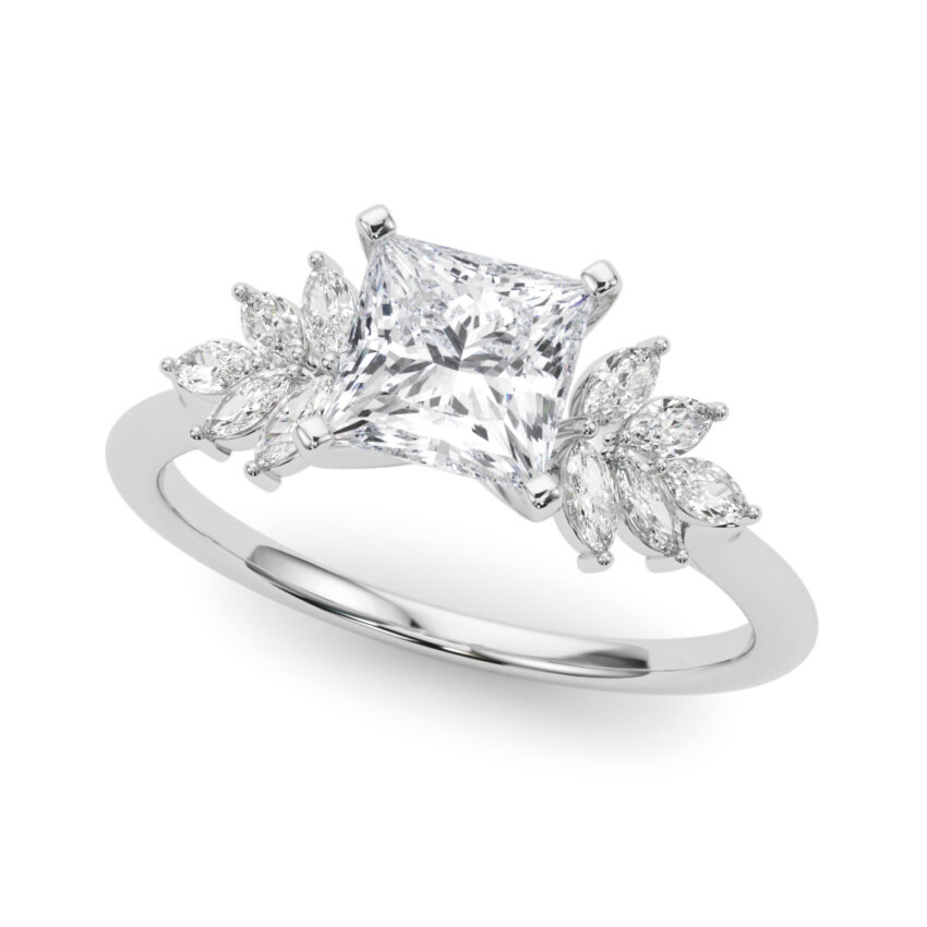 Angle view of Side view of princess cut diamond nature inspired marquise stone engagement ring in white gold