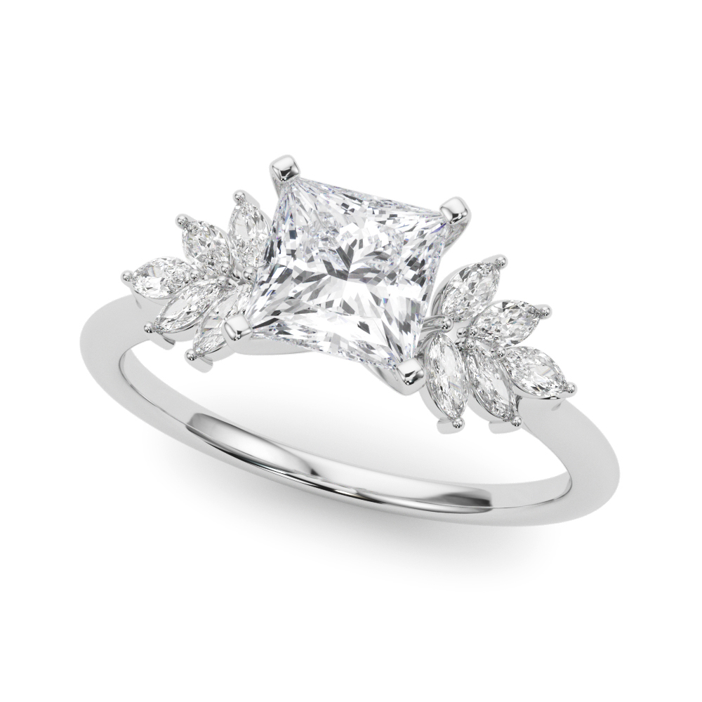 Angle view of Side view of princess cut diamond nature inspired marquise stone engagement ring in white gold