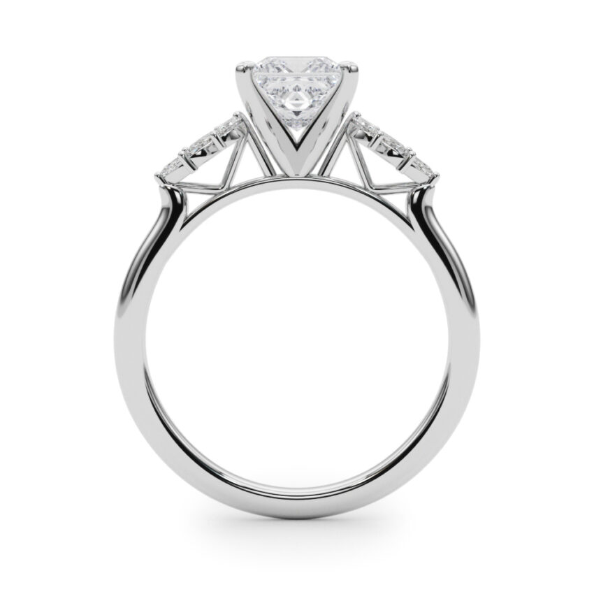 Side view of princess cut diamond nature inspired marquise stone engagement ring in white gold