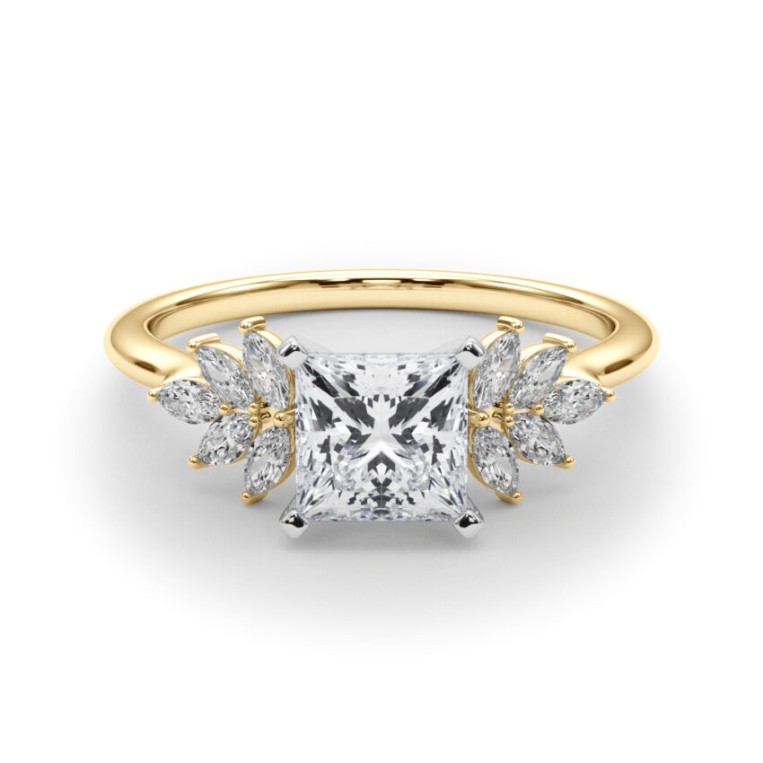 Side view of princess cut diamond nature inspired marquise stone engagement ring in yellow gold